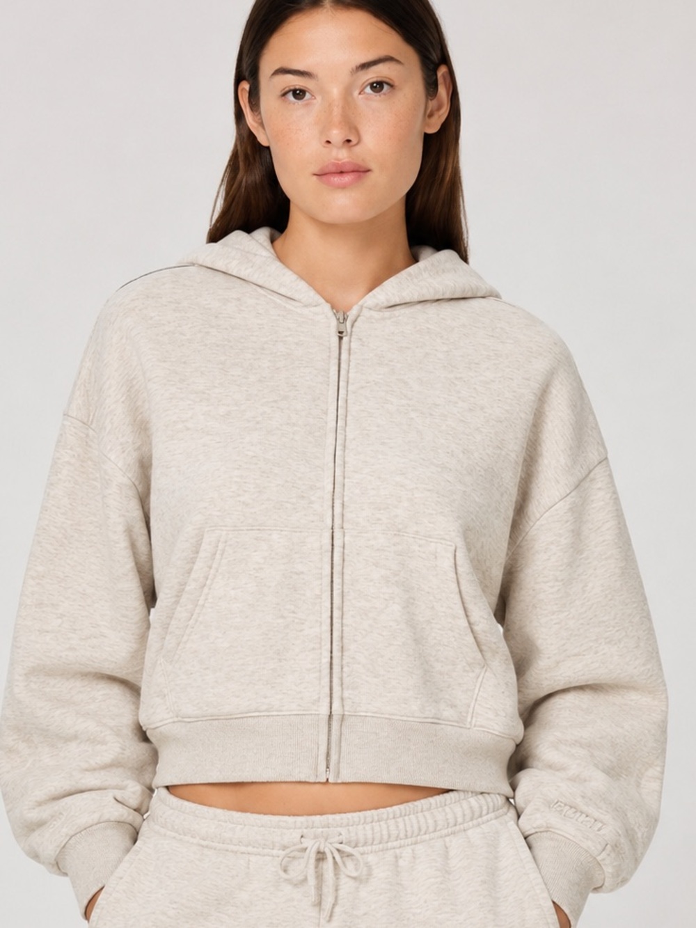 SKIMS Cotton Fleece Classic Cropped Zip Up Hoodie Oatmeal Heather L - Picture 2 of 16